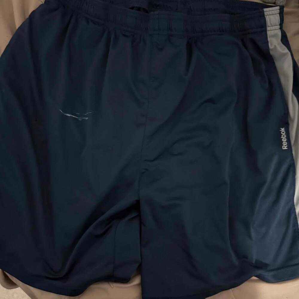 Mens Reebok Shorts Color Navy Blue Size Large SMALL STAIN